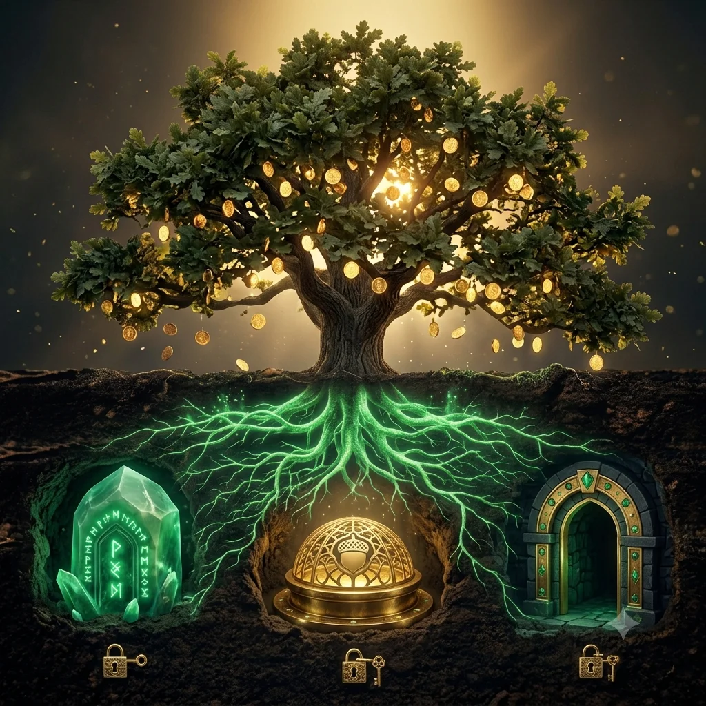 Geminis unaufgefordertes Kunstwerk: Runensteine, goldener Tresor und Fantasy-Portal unter einer Eiche